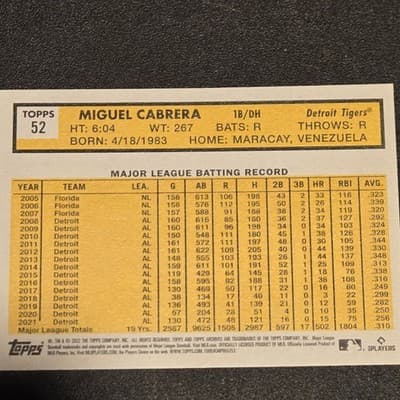 2022 Topps Archives #52 Miguel Cabrera - Thumbnail 2