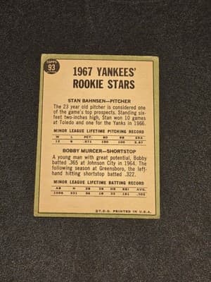 1967 Topps #93 Yankees 1967 Rookie Stars (Stan Bahnsen / Bobby Murcer) - Thumbnail 2