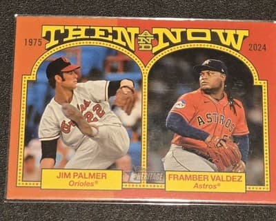 2024 Topps Heritage #TAN-15 Framber Valdez / Jim Palmer Then and Now - Image 1