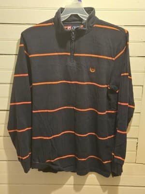 Chaps Pullover Mens L Navy Orange Striped Quarter Zip Cotton Logo Long Sleeve - Image 1
