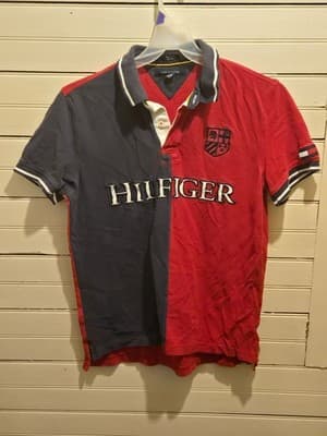 Tommy Hilfiger Polo Mens L Red Navy Split Front Crest Embroidered Short Sleeve - Image 1