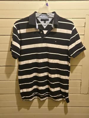 Tommy Hilfiger Polo Mens L Black White Stripe Short Sleeve Classic Logo Casual - Image 1