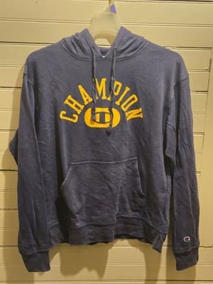 Champion Hoodie Mens M Navy Yellow Pullover Hooded Sweatshirt Logo Pocket Casual - Image 1