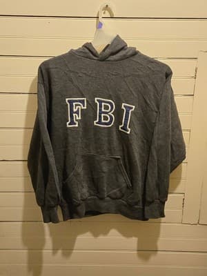 FBI Hoodie Mens M Dark Gray Pullover Sweatshirt Applique Letters Kangaroo Pocket - Image 1
