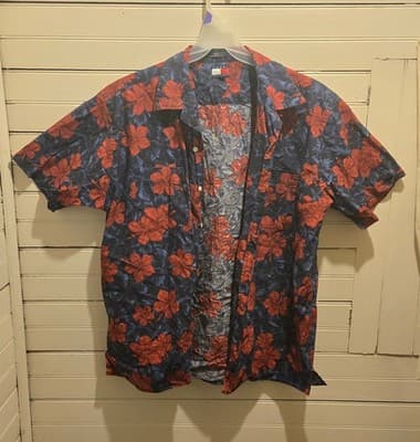 Tommy Hilfiger Shirt Mens Red Blue Floral Hawaiian Short Sleeve Cotton Resort - Image 1