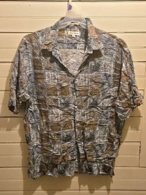 Pierre Cardin Shirt Mens XL Rayon Short Sleeve Camp Casual Button Up Blue Brown - Image 1