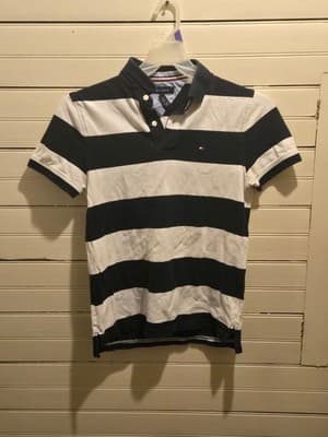 Tommy Hilfiger Polo Shirt Mens S Navy White Rugby Stripe Short Sleeve Flag - Image 1