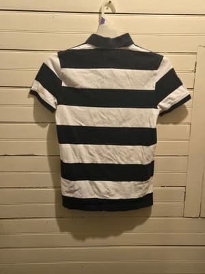 Tommy Hilfiger Polo Shirt Mens S Navy White Rugby Stripe Short Sleeve Flag - Thumbnail 3