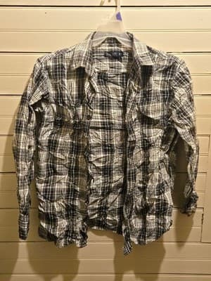 Faded Glory Shirt Mens M Black White Plaid Long Sleeve Button Up Chest Pockets - Image 1
