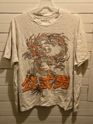 boohooMAN Shirt Mens L White Dragon Graphic Short Sleeve Asian Characters - Image 1