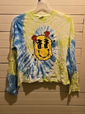 Empyre Shirt Womens S Tie Dye Long Sleeve Graphic Skull Rose Yellow Blue - Image 1