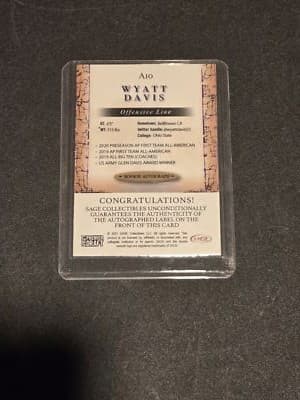 2021 SAGE Premier Draft #A10 Wyatt Davis Autographs Red - Thumbnail 2