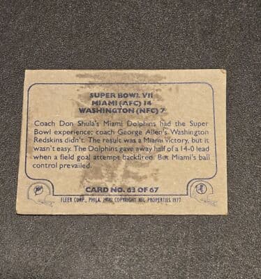 1977 Fleer Team Action #63 Super Bowl VII - Thumbnail 2