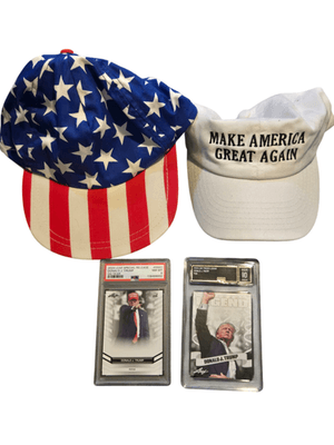 Donald J Trump Trading Cards PSA 8 Leaf OG GMA 10 + 2 MAGA Hats Bundle Set Lot - Image 1