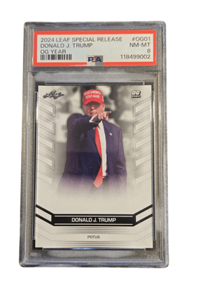 Donald J Trump Trading Cards PSA 8 Leaf OG GMA 10 + 2 MAGA Hats Bundle Set Lot - Thumbnail 7