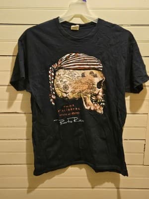 Gildan Shirt Mens L Puerto Rico Skull Map Graphic Black Short Sleeve Souvenir - Image 1