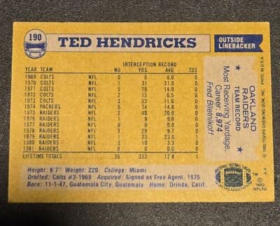1982 Topps #190 Ted Hendricks - Thumbnail 2