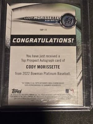 2022 Bowman Platinum #TOP-11 Cody Morissette Top Prospect Autograph - Thumbnail 2