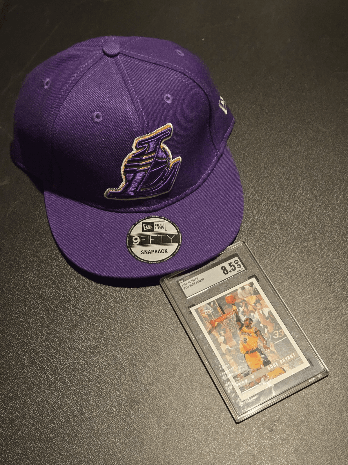 New Era Lakers 9Fifty Snapback Hardwood Classics Hat + 1997 Kobe Bryant SGC 8.5 - Image 1