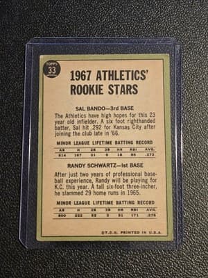 1967 O-Pee-Chee #33 Athletics 1967 Rookie Stars (Sal Bando / Randy Schwartz) - Thumbnail 2