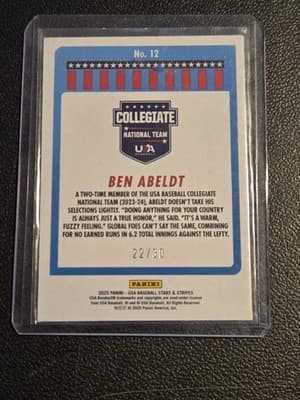 2025 Panini Stars and Stripes USA Baseball #12 Ben Abeldt Red Lightning #/30 - Thumbnail 2