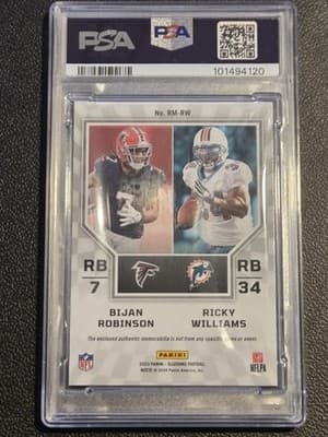 2023 Illusions Bijan Robinson/Ricky Williams Rookie Dual Mem Black #/50 PSA 8 - Thumbnail 2
