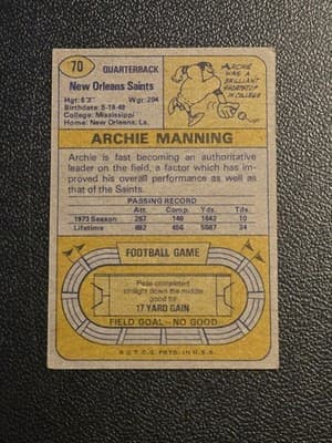 1974 Topps #70 Archie Manning - Thumbnail 2