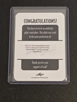 2022-23 Leaf Optichrome Gabe Brown Optimal Effort Magenta Plate Un-Auto #1/1 - Thumbnail 2