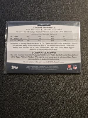 2010 Topps Platinum #ARP-AR Andre Roberts Autographed Patches #/800 - Thumbnail 2