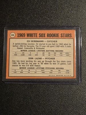 1969 Topps #439 White Sox 1969 Rookie Stars (Ed Herrmann / Dan Lazar) RS, RC - Thumbnail 2