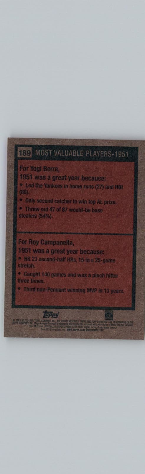 2024 Topps Heritage #189 1951 MVPs (Yogi Berra / Roy Campanella) MVP - Thumbnail 2