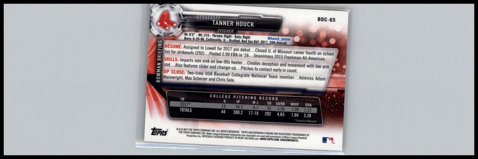 2017 Bowman Draft #BDC-65 Tanner Houck Chrome Boston Red Sox - Thumbnail 2