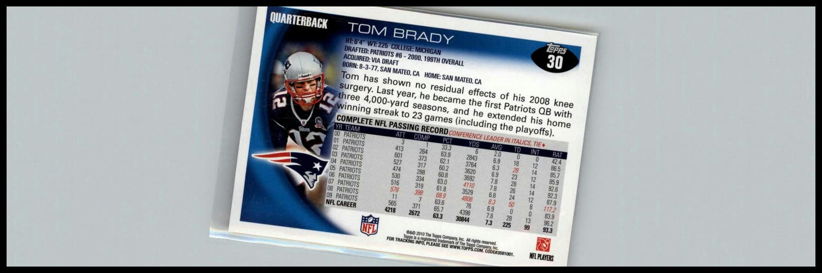 2010 Topps #30 Tom Brady - Thumbnail 2