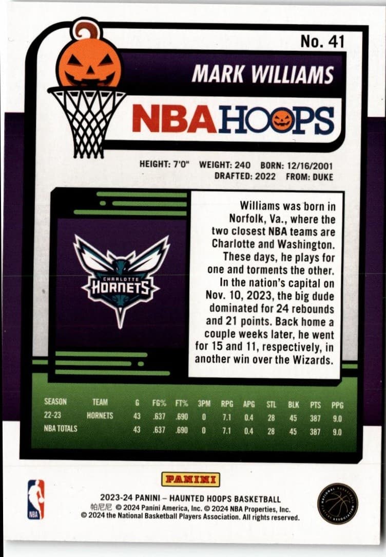 2023-24 Hoops Haunted Hoops #41 Mark Williams - Thumbnail 2