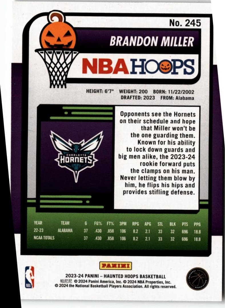 2023-24 Hoops Haunted Hoops #245 Brandon Miller Orange - Thumbnail 2