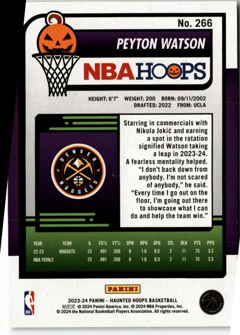 2023-24 Hoops Haunted Hoops #266 Peyton Watson - Thumbnail 2