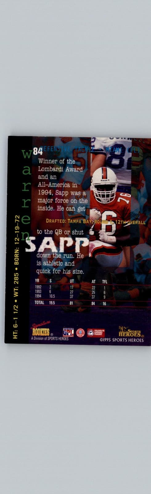 1995 Signature Rookies Fame and Fortune #84 Warren Sapp Miami Hurricanes - Thumbnail 2
