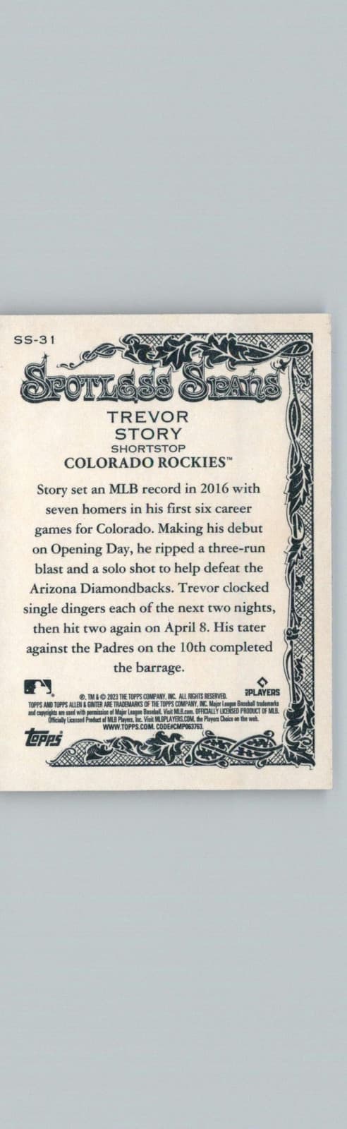 2023 Topps Allen & Ginter #SS-31 Trevor Story Spotless Spans Colorado Rockies - Thumbnail 2