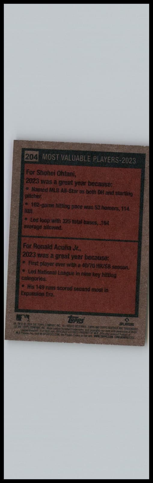 2024 Topps Heritage #204 2023 MVPs (Shohei Ohtani / Ronald Acuña Jr.) MVP - Thumbnail 2