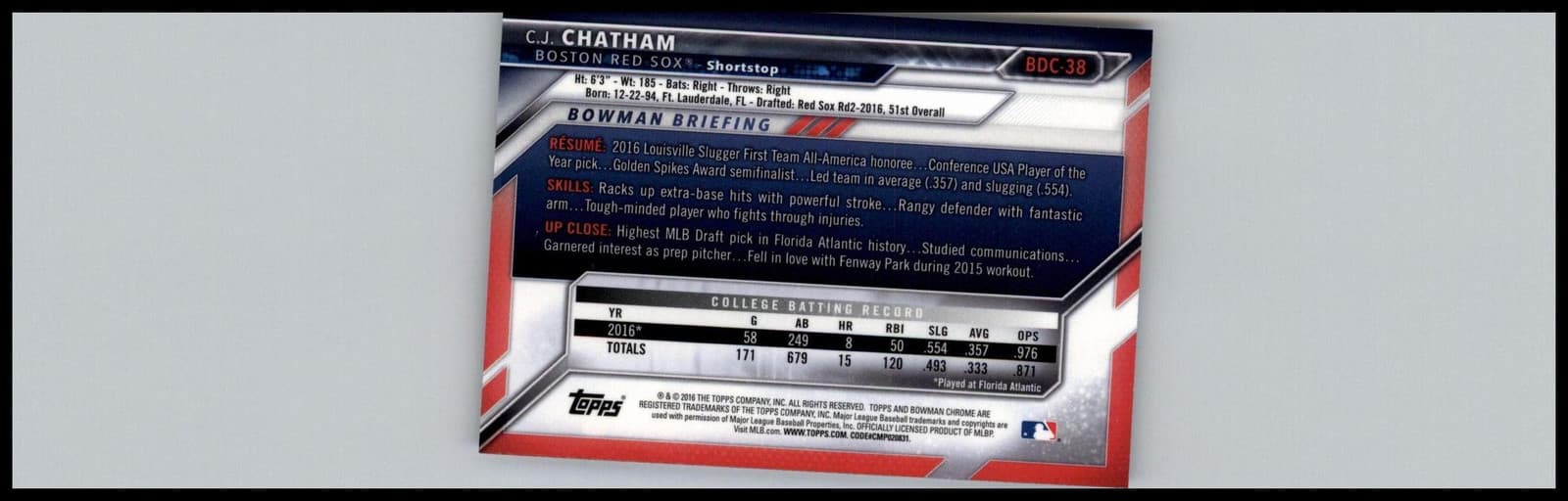 2016 Bowman Draft #BDC-38 C.J. Chatham Chrome Boston Red Sox - Thumbnail 2