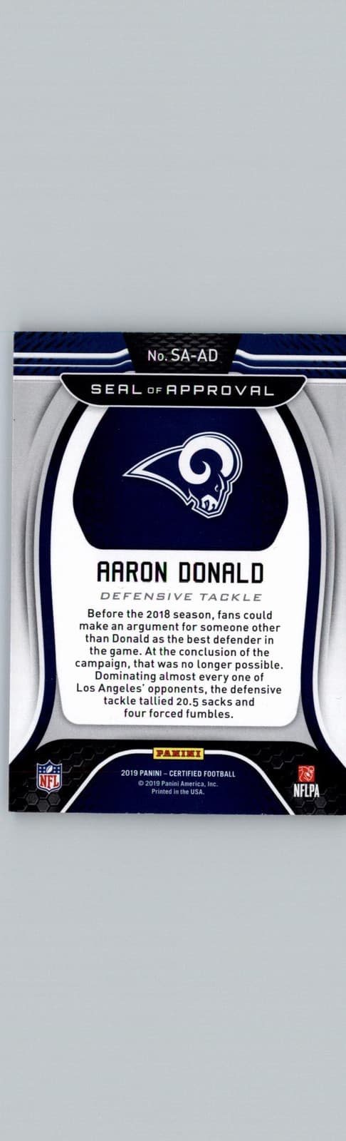 2019 Panini Certified #SA-AD Aaron Donald Seal of Approval Los Angeles Rams - Thumbnail 2
