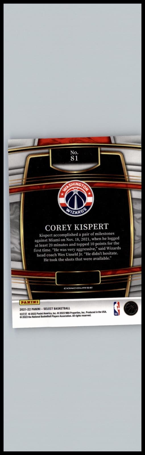 2021-22 Panini Select #81 Corey Kispert Blue (Retail Base) Washington Wizards - Thumbnail 2