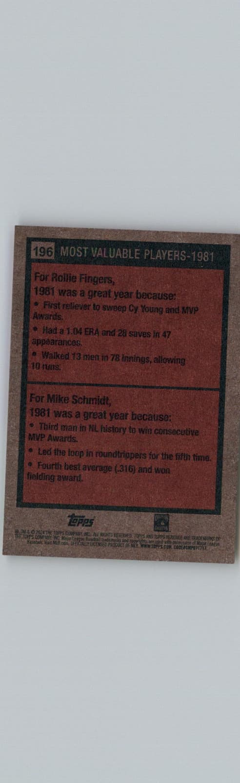 2024 Topps Heritage #196 1981 MVPs (Rollie Fingers / Mike Schmidt) MVP - Thumbnail 2