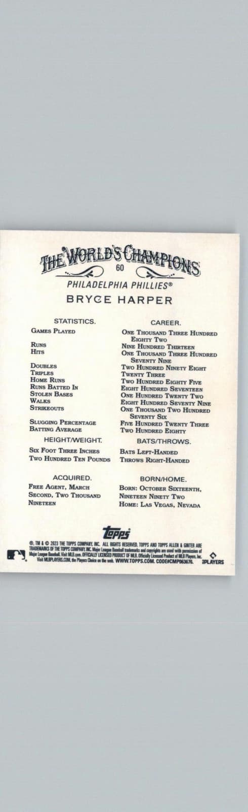 2023 Topps Allen & Ginter #60 Bryce Harper Philadelphia Phillies - Thumbnail 2