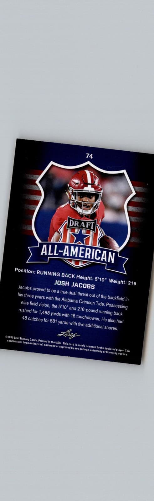 2019 Leaf Draft #74 Josh Jacobs Gold Alabama Crimson Tide - Thumbnail 2