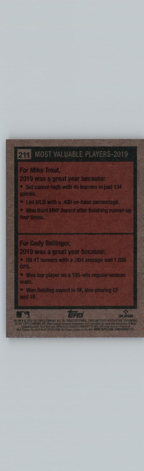 2024 Topps Heritage #211 2019 MVPs (Mike Trout / Cody Bellinger) MVP - Thumbnail 2