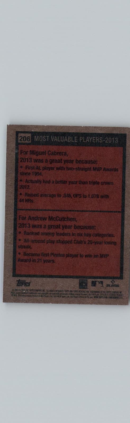 2024 Topps Heritage #206 2013 MVPs (Miguel Cabrera / Andrew McCutchen) MVP - Thumbnail 2