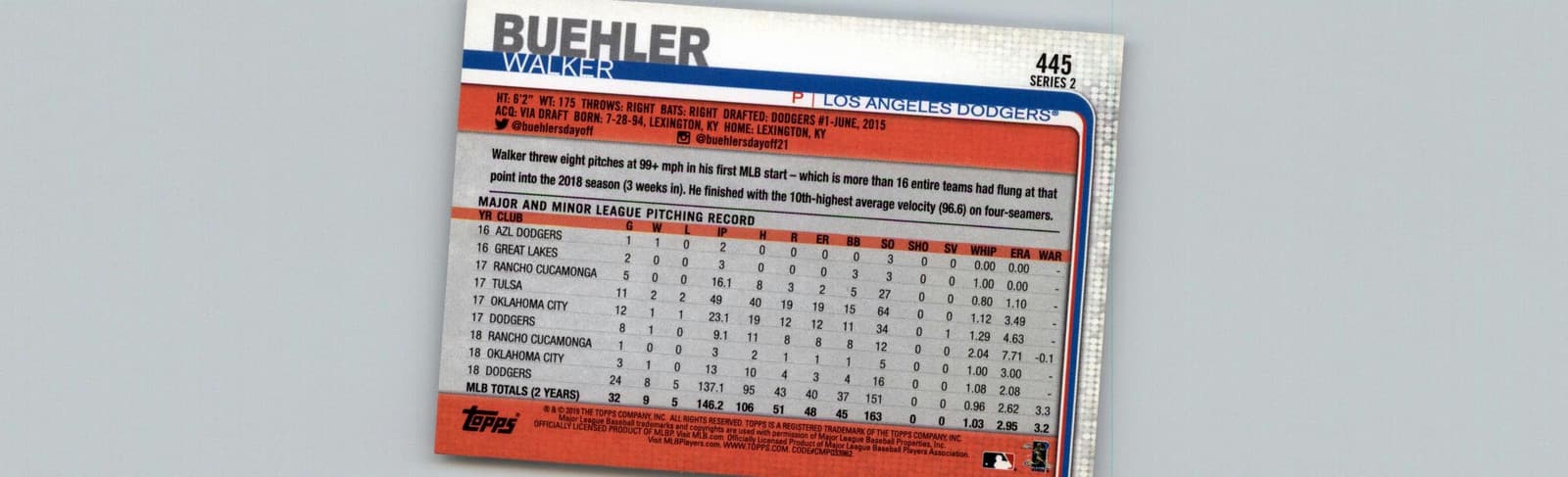 2019 Topps #445 Walker Buehler Los Angeles Dodgers - Thumbnail 2