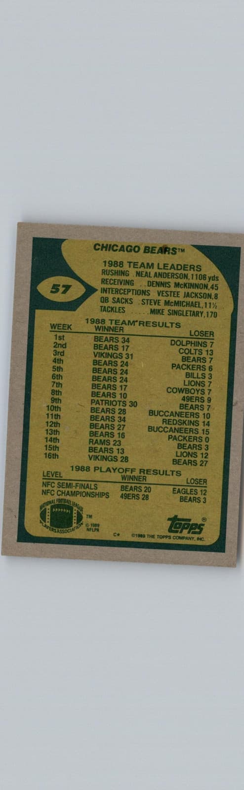 1989 Topps #57 Bears Team Leaders (Sanders Changes Pace) Chicago Bears - Thumbnail 2