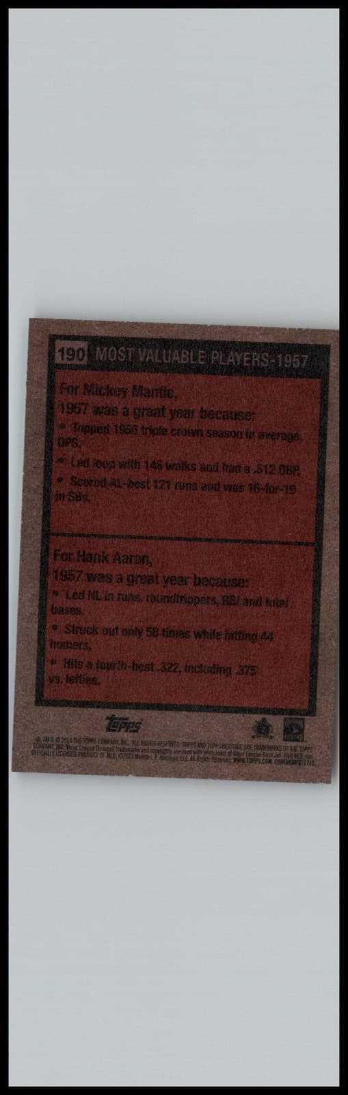 2024 Topps Heritage #190 1957 MVPs (Mickey Mantle / Hank Aaron) MVP Spain - Thumbnail 2